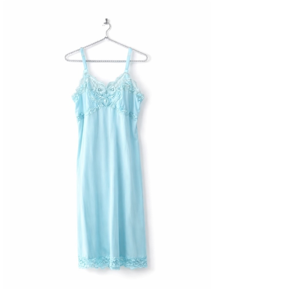 Vtg Heiress 1950s 1960s Turquoise Nylon Lace Trim Slip Dress Size 34 - Picture 16 of 16